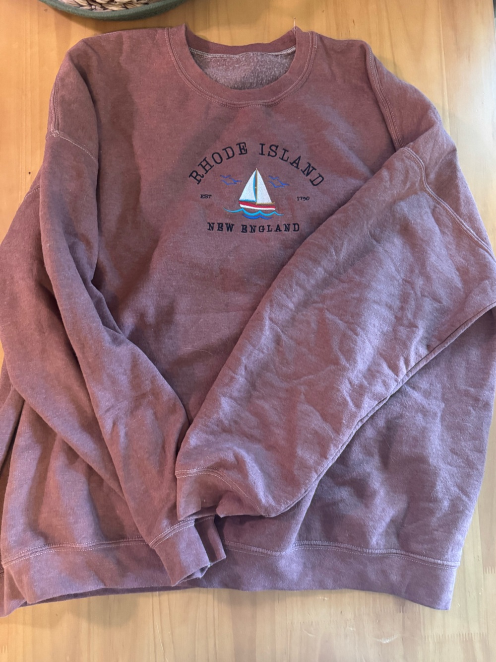 Rhode Island New England Embroidered Sailboat Sweatshirt - Mauve Hand-dyed